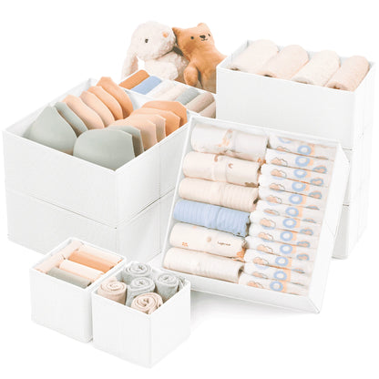 9 Pack Drawer Organizers for Clothes, Foldable Fabric Closet Organizers and Drawer Dividers for Clothing, Baby Clothes, Socks, Underwear & Accessories, White