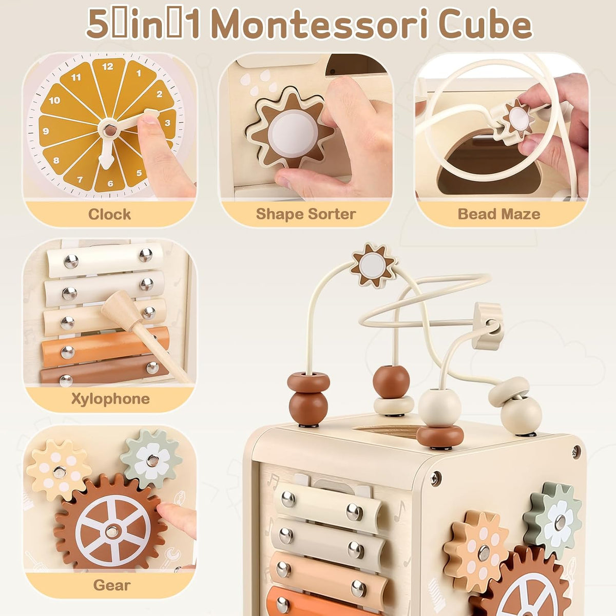 Montessori Toys for 1 Year Old, Activity Cube for for Toddler 1-3 | 5 in 1 Wooden Activity Cube - Bead Maze/Xylophone/Clock/Shape Sorter/Spinning Gears, Fully Assembled, 1St Christmas Birthday