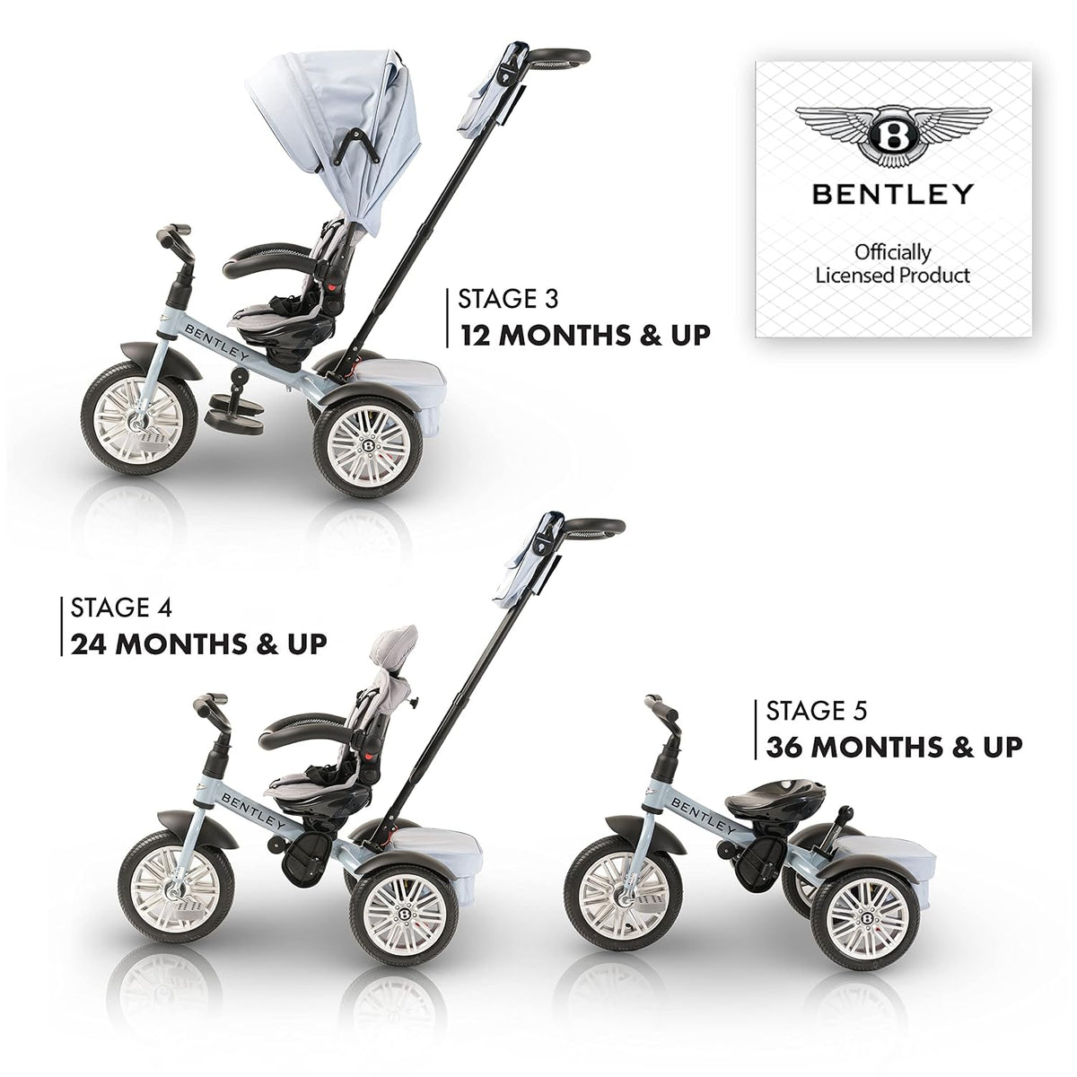 Bentley 6-In-1 Baby Stroller & Toddler Tricycle – Officially Licensed Luxury Kids Bike, Convertible Travel Strollers & Kid Trike with Air Wheels, Canopy & Safety Features (6M-5Y+ | Jetstream Blue) | Convertible Baby Stroller with Canopy and Air Wheels, Designed as a Travel Stroller and Baby Tricycle.