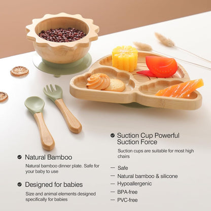 Bamboo Suction Plates Bowls Set for Baby Toddler Divided Platter Food Bowl with Silicone Fork & Spoon All-Natural Baby Feeding Set for Baby-Led Weaning, Non-Slip Design