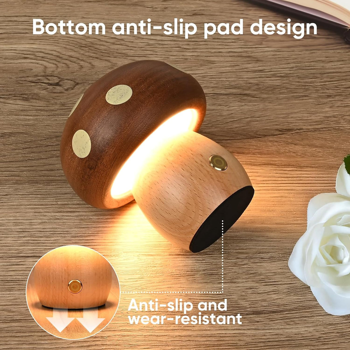 2Pack Wood Small Mushroom Table Lamp, LED Rechargeable Cordless Touch Bedside Lamps, Wireless Stepless Dimming Night Light, Portable Battery Lamp for Bedroom Nightstand for Birthday Gifts