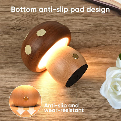 2Pack Wood Small Mushroom Table Lamp, LED Rechargeable Cordless Touch Bedside Lamps, Wireless Stepless Dimming Night Light, Portable Battery Lamp for Bedroom Nightstand for Birthday Gifts
