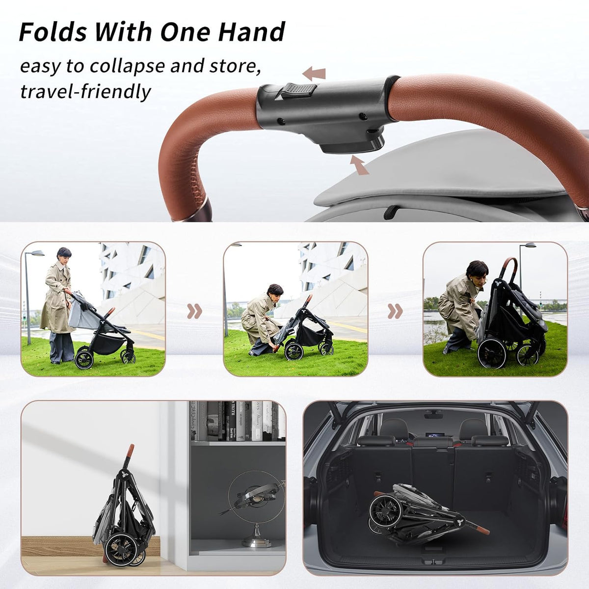 Stroller for Babies,Toddler Strollers with Large UPF 50+ Canopy,Luxury Baby Stroller with Leather Handle & Spacious Seat, One-Hand Foldable Pushchair,Baby Carriage with Lie-Flat Mode(Gray)