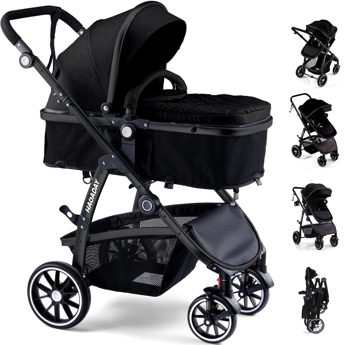 Baby Stroller, 2-In-1 Reversible Toddler Seat with Lie-Flat Mode, Foldable Infant Stroller with Canopy, One Button Brake, Adjustable Handle, Newborn Pushchair (Black B)