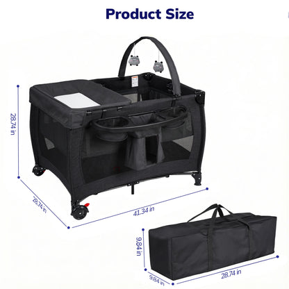 Baby Playard with Detachable Infant Bassinet and Changing Table, Foldable Travel Play Yard with Storage Basket and Wheels,Black