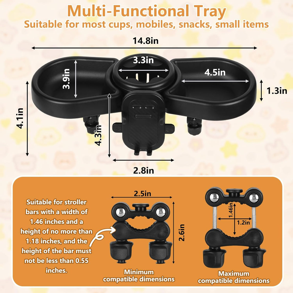 Universal Stroller Snack Tray, Baby Stroller Tray Attachment | 4-In-1 Stroller Tray with Cup Holder and Phone Holder, 360°Rotating Design Compatible with Popular Baby Strollers