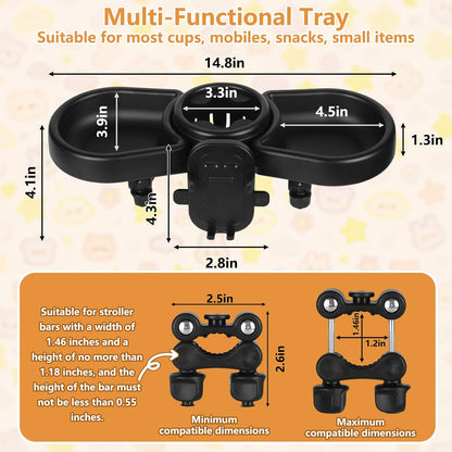 Universal Stroller Snack Tray, Baby Stroller Tray Attachment | 4-In-1 Stroller Tray with Cup Holder and Phone Holder, 360°Rotating Design Compatible with Popular Baby Strollers