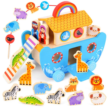 Toddlers Noah'S Ark Toys with Wooden Animal Shape Sorters, Baptism Gifts for Girls Boys 1 2 3 4 Years Old, Montessori Educational Toys for Toddlers 1-3, Bible Story Book for Kids Ages 2-4