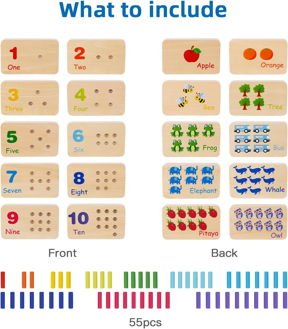 Peg Board Toddler Toys, Counting Wooden Toys with 55 Pegs | Wooden Math Manipulatives, Montessori Math and Numbers for Kids & Kindergarten Learning Activities