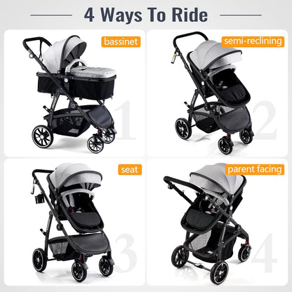 Baby Stroller, 2-In-1 Reversible Toddlerseat with Lie-Flat Mode, Foldable Infant Stroller with Canopy, One Button Brake, Adjustable Handle, Newborn Pushchair (Gray B)