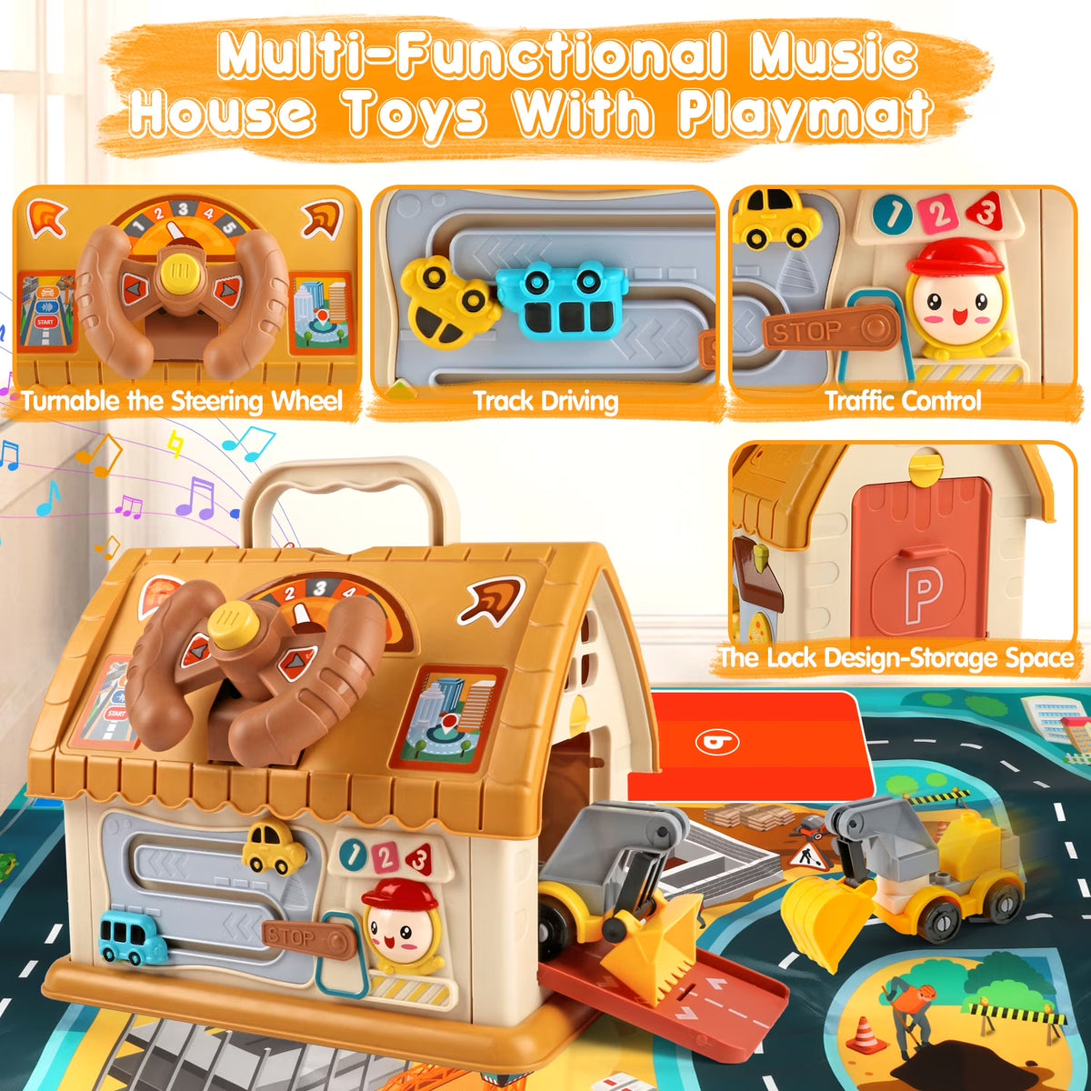 Toddler Montessori Toys for 1+ Year Old, 8-In-1 Multi-Functional Learning House, with 4 Building Cars and Map, Sound & Light Early Educational Kids Christmas Gifts