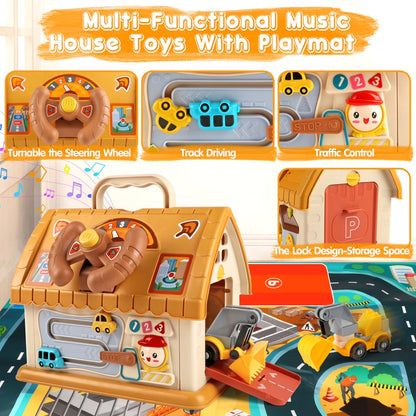 Toddler Montessori Toys for 1+ Year Old, 8-In-1 Multi-Functional Learning House, with 4 Building Cars and Map, Sound & Light Early Educational Kids Christmas Gifts