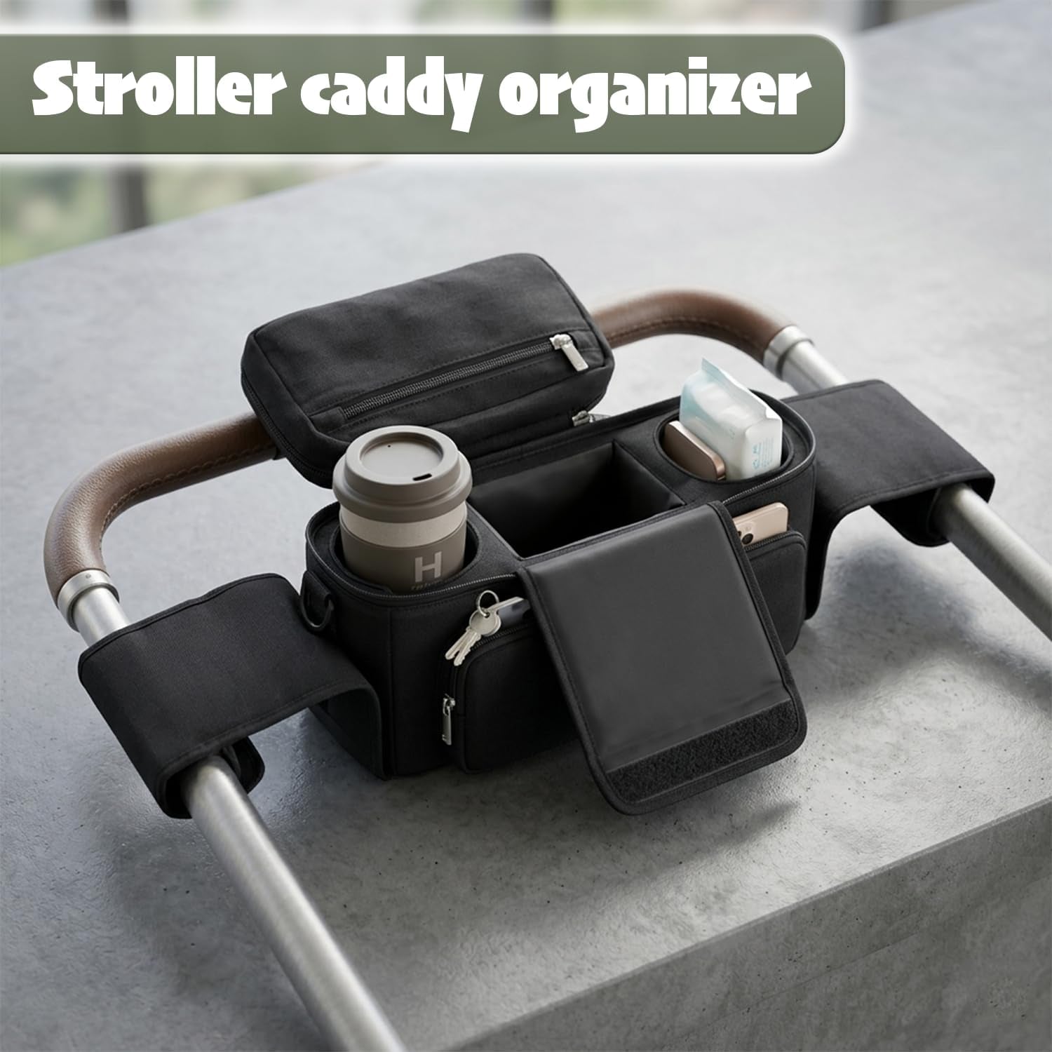 Stroller Organizer Bag with Insulated Cup Holder, Universal Stroller Caddy with Straps & Hooks, Baby Stroller Organizer, Detachable Zippered Pouch, Adjustable Shoulder Strap with Large Storage