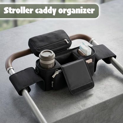 Stroller Organizer Bag with Insulated Cup Holder, Universal Stroller Caddy with Straps & Hooks, Baby Stroller Organizer, Detachable Zippered Pouch, Adjustable Shoulder Strap with Large Storage