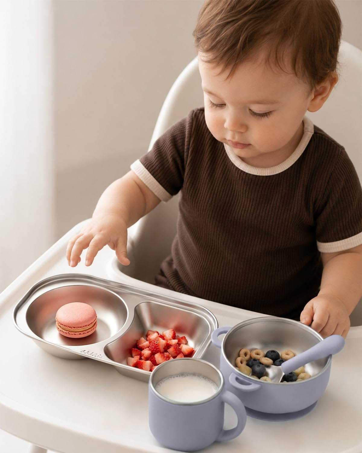 Stainless Steel Baby Feeding Set with Detachable Suction Base, Toddler Plates, Bowl, Cup & Kids Utensils, Grow-With-Baby Feeding Essentials for Self Feeding, Toddler Dinnerware Snack, Lilac