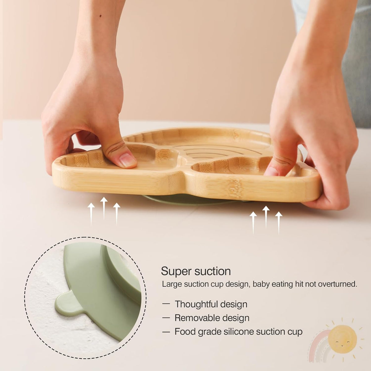 Bamboo Suction Plates Bowls Set for Baby Toddler Divided Platter Food Bowl with Silicone Fork & Spoon All-Natural Baby Feeding Set for Baby-Led Weaning, Non-Slip Design