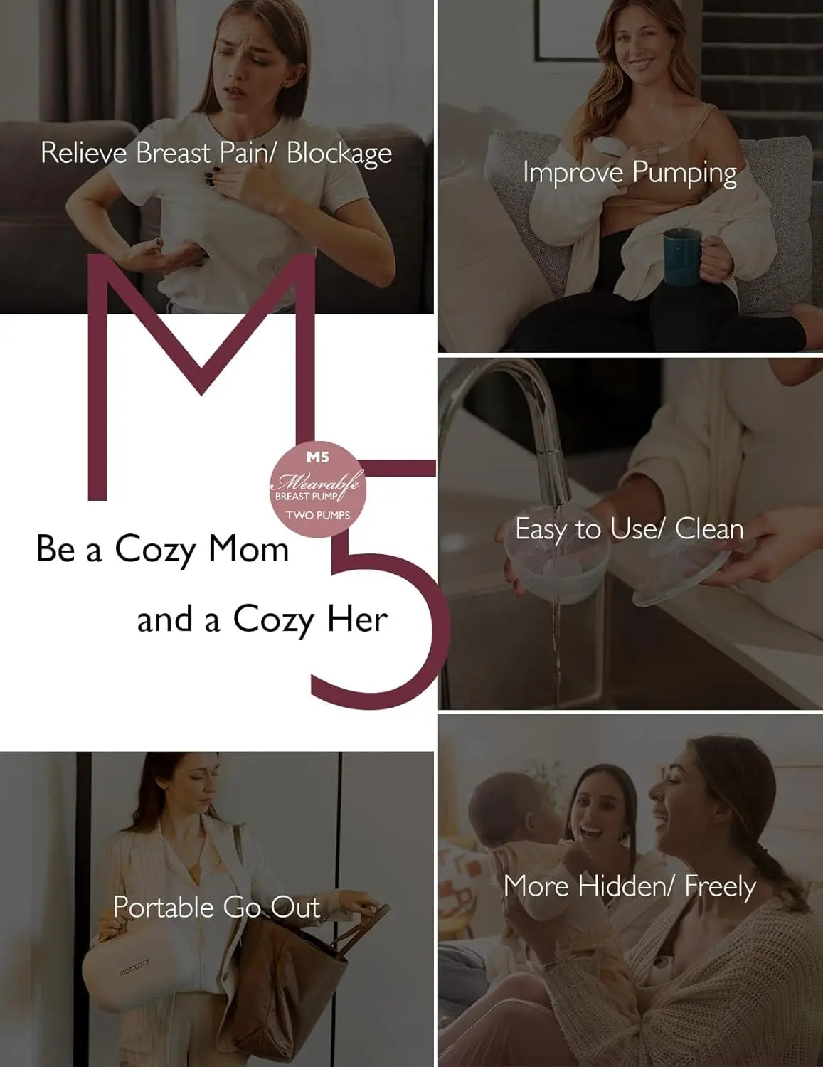 Breast Pump Hands Free M5, Wearable Breast Pump of Baby Mouth Double-Sealed Flange with 3 Modes & 9 Levels, Electric