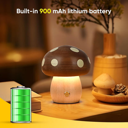 2Pack Wood Small Mushroom Table Lamp, LED Rechargeable Cordless Touch Bedside Lamps, Wireless Stepless Dimming Night Light, Portable Battery Lamp for Bedroom Nightstand for Birthday Gifts