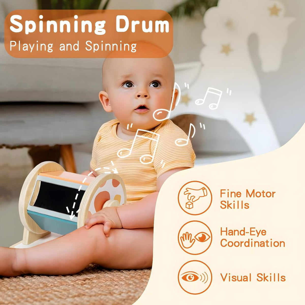 Montessori Toys for Babies 6-12 Months - 3 in 1 Baby Toys Play Kit - Medium Spinning Drum - Baby Tissue Box Toy - Peekaboo Knob Puzzle with Cards - Learning Educational Toy for Boys and Girls