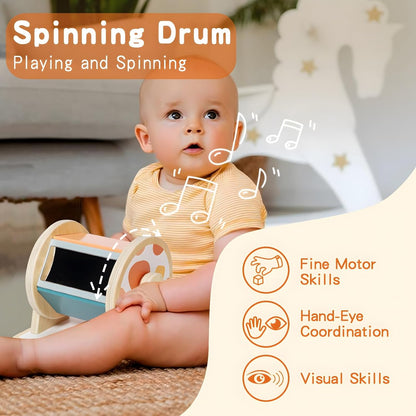 Montessori Toys for Babies 6-12 Months - 3 in 1 Baby Toys Play Kit - Medium Spinning Drum - Baby Tissue Box Toy - Peekaboo Knob Puzzle with Cards - Learning Educational Toy for Boys and Girls