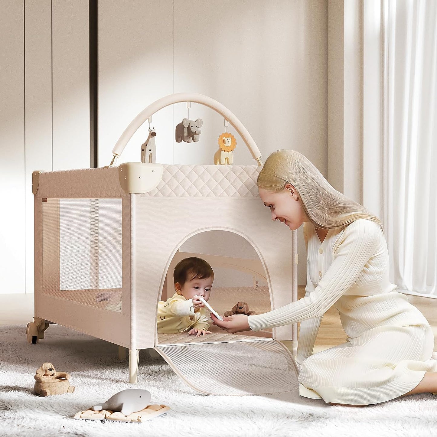 Baby Bassinet,Pack and Play,Bedside Crib Sleeper,Diaper Changer | One-Step Fold, Large Size Pack N Play, Comes with Mattress, Mosquito Net, Side Storage and Toy Bar, for Newborn to Toddler