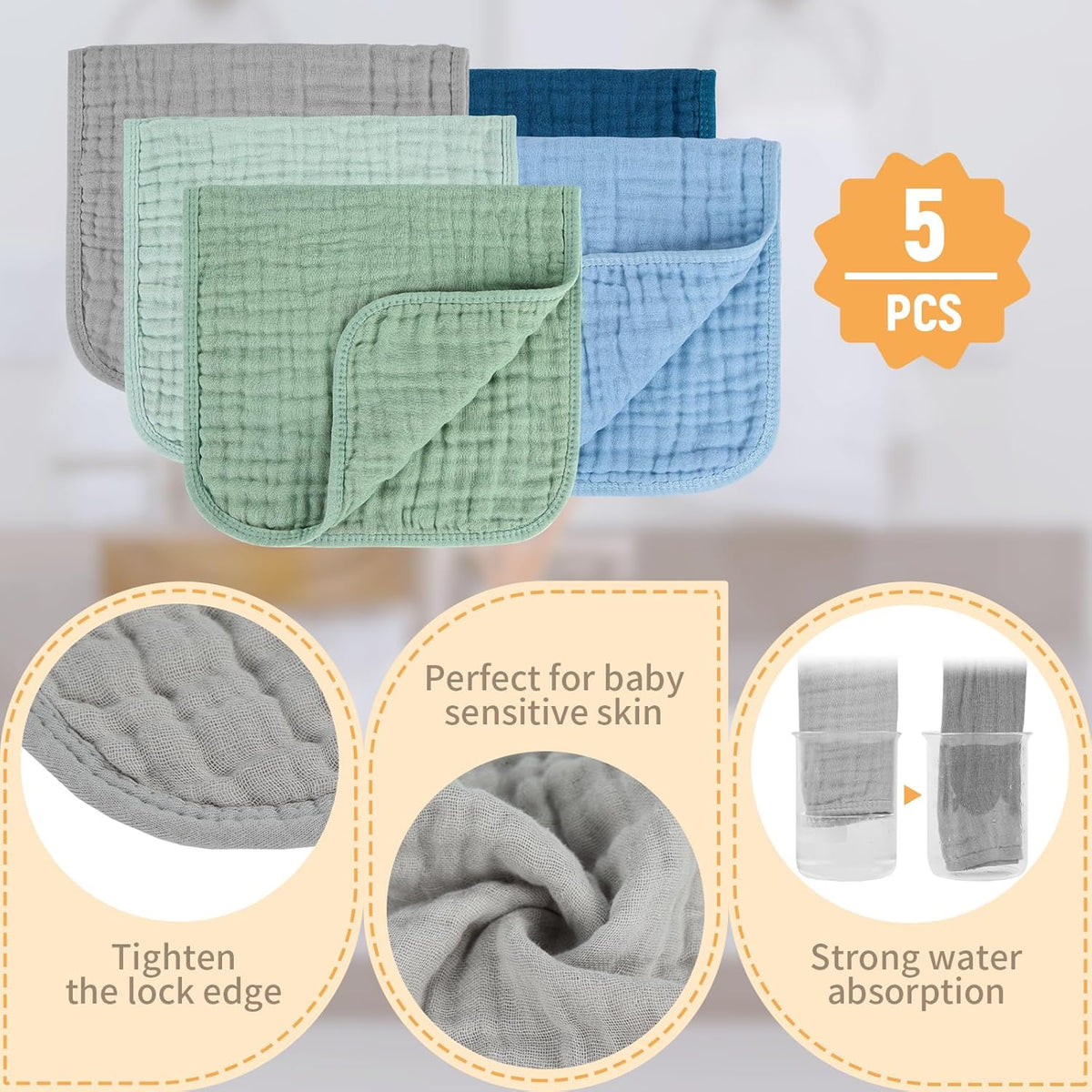 Baby Burp Cloths 100% Cotton Newborn Muslin Burp Cloths 10X20 Inches Baby Essentials Blue & Green 5-Pack