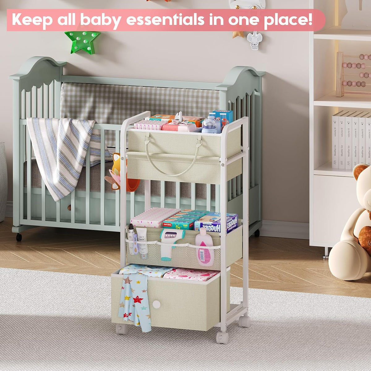 2In1 Baby Diaper Caddy Organizer and Storage, 3 Tier Rolling Cart with Drawer, Detachable Dividers, Mobile Utility Cart Baby Dresser Clothes Organizer for Baby Essentials, Bedroom, Nursery