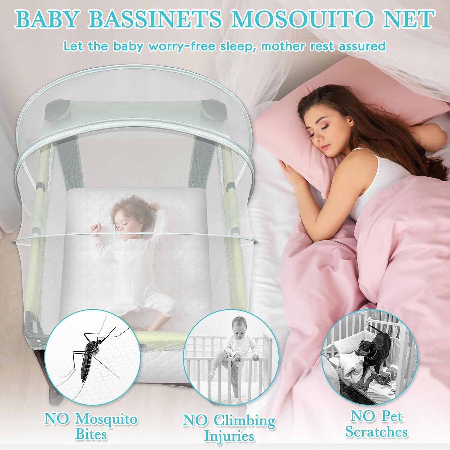 Pack and Play Cover - Crib Net Breathable Mesh Canopy with 2-Way Zipper, Keep Cats & Insects Out for Baby Bassinet/Bedside Sleeper/Travel Crib, Portable with Storage Bag(White-Large)