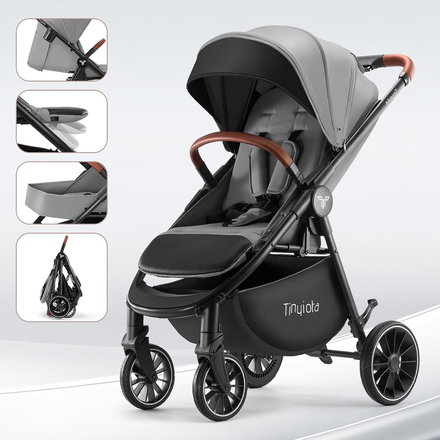Stroller for Babies,Toddler Strollers with Large UPF 50+ Canopy,Luxury Baby Stroller with Leather Handle & Spacious Seat, One-Hand Foldable Pushchair,Baby Carriage with Lie-Flat Mode(Gray)