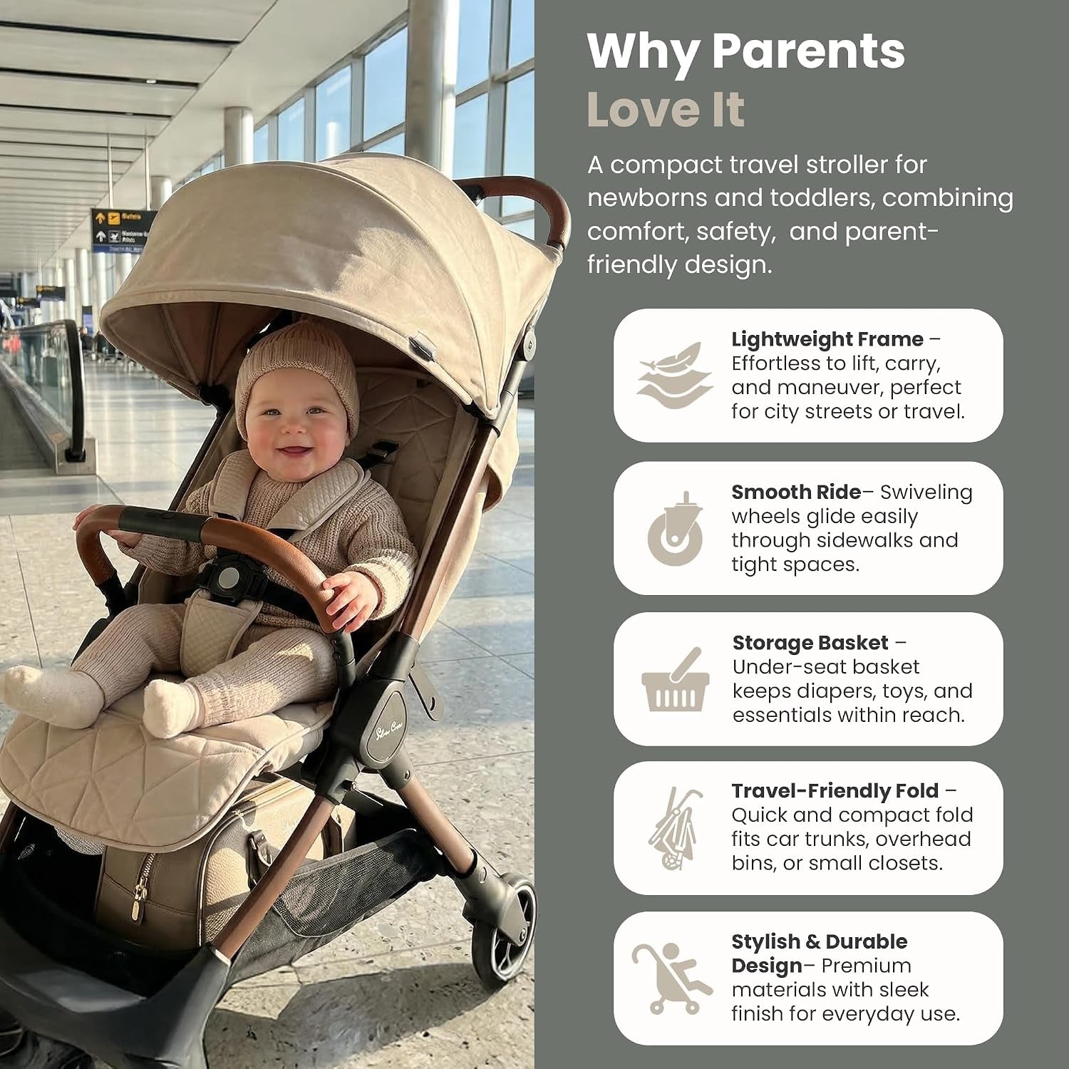 Clic Compact Travel Stroller – (Latte) – Lightweight Baby Stroller for Airplane Travel – One-Hand Fold, Lie-Flat Infant & Toddler Seat – Birth to 55 Lb