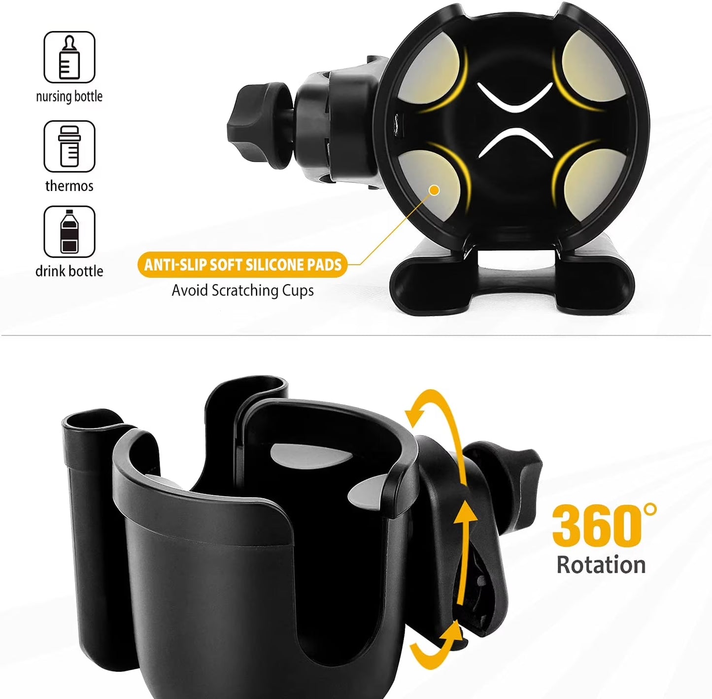 2-In-1 Wheelchair Cup Holder with Phone Rack for Baby Stroller of 1 Car Seat,Black