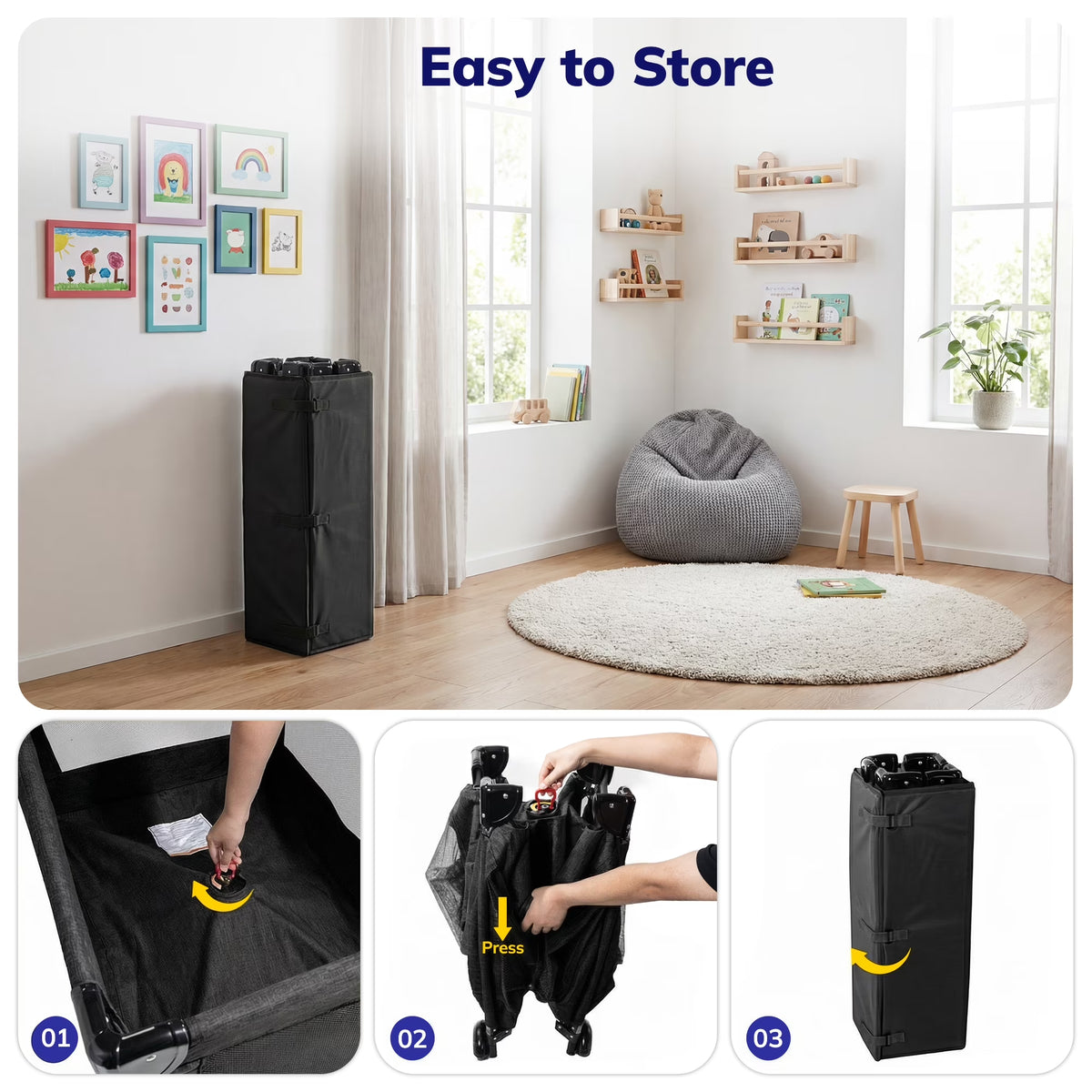 Baby Playard with Detachable Infant Bassinet and Changing Table, Foldable Travel Play Yard with Storage Basket and Wheels,Black