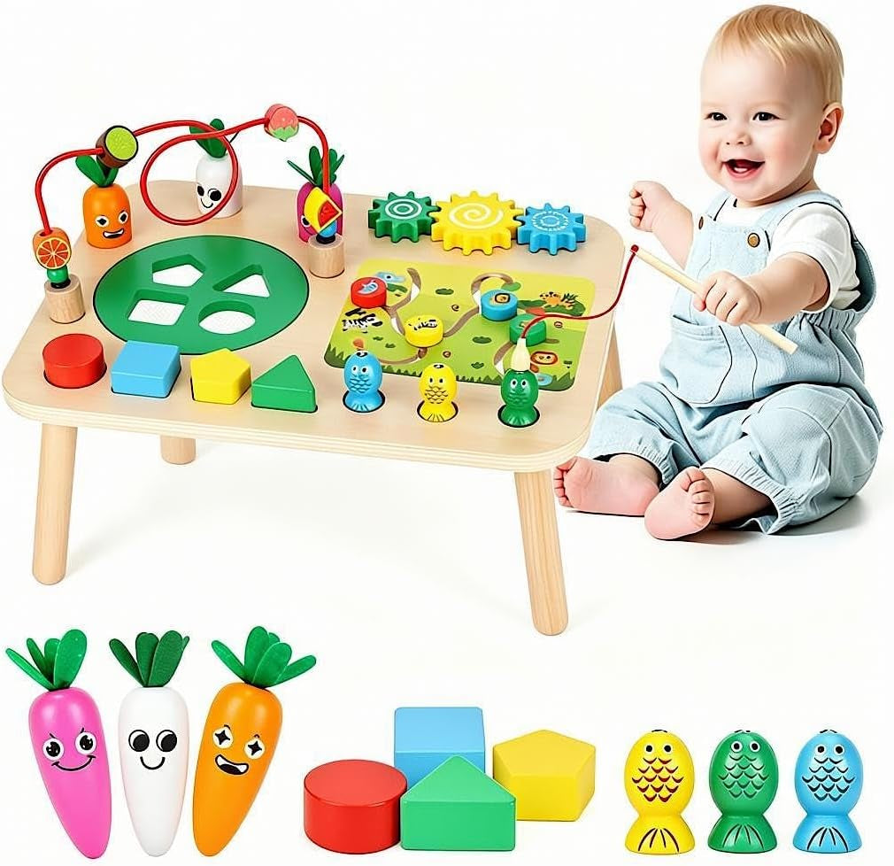 Activity Table, Montessori Toys for 1 2 Year Old Girls Boy Gifts, 7 in 1 Wooden Sensory Play Table for Toddler 1 2 3, Learning Toys for Baby 12-18 Months 1St Christmas Birthday Gifts