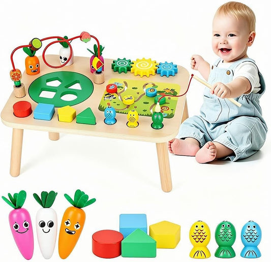Activity Table, Montessori Toys for 1 2 Year Old Girls Boy Gifts, 7 in 1 Wooden Sensory Play Table for Toddler 1 2 3, Learning Toys for Baby 12-18 Months 1St Christmas Birthday Gifts