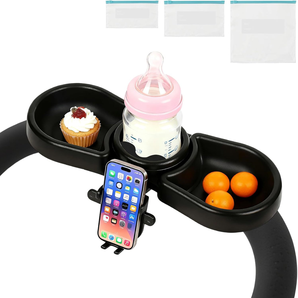 Universal Stroller Snack Tray, Baby Stroller Tray Attachment | 4-In-1 Stroller Tray with Cup Holder and Phone Holder, 360°Rotating Design Compatible with Popular Baby Strollers
