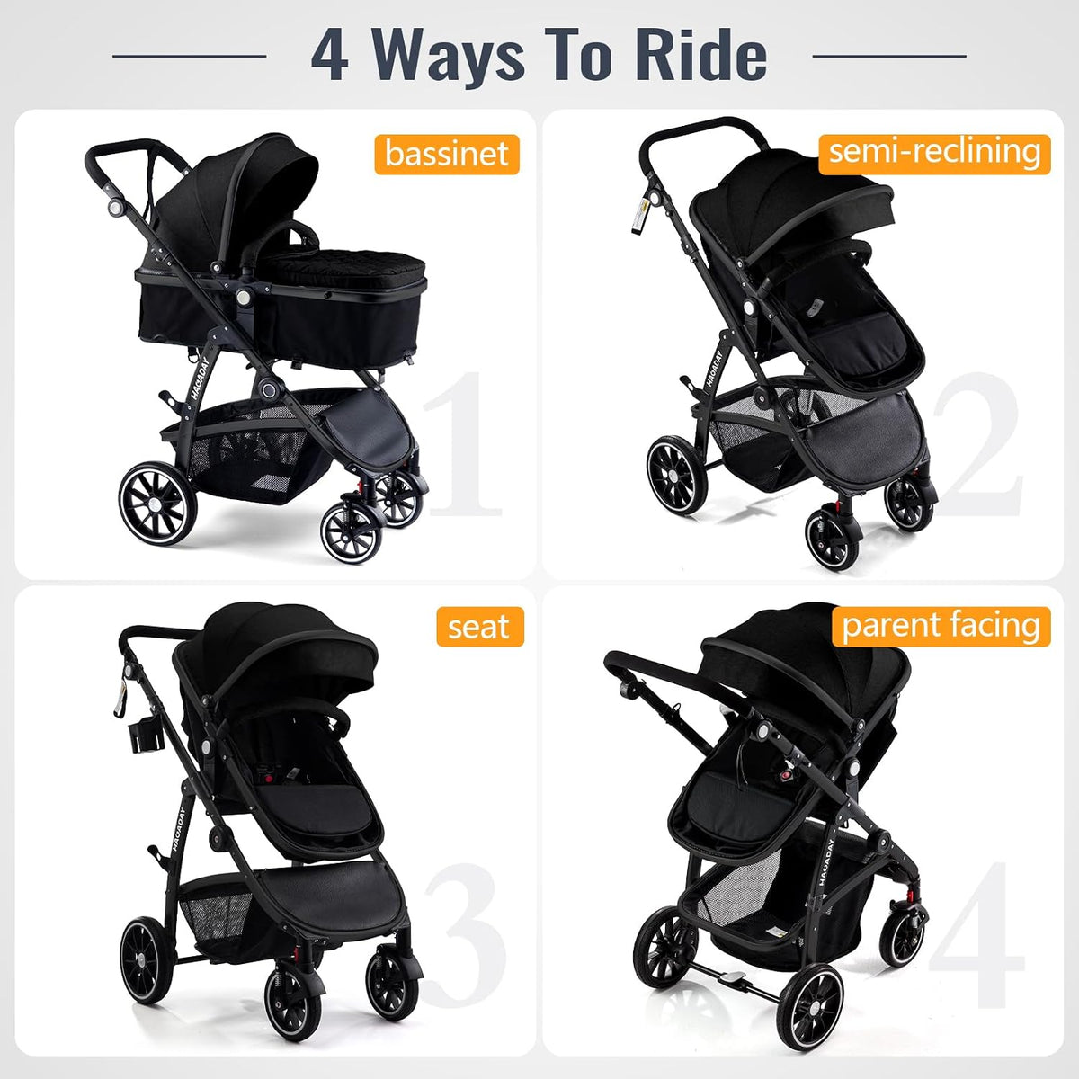Baby Stroller, 2-In-1 Reversible Toddler Seat with Lie-Flat Mode, Foldable Infant Stroller with Canopy, One Button Brake, Adjustable Handle, Newborn Pushchair (Black B)