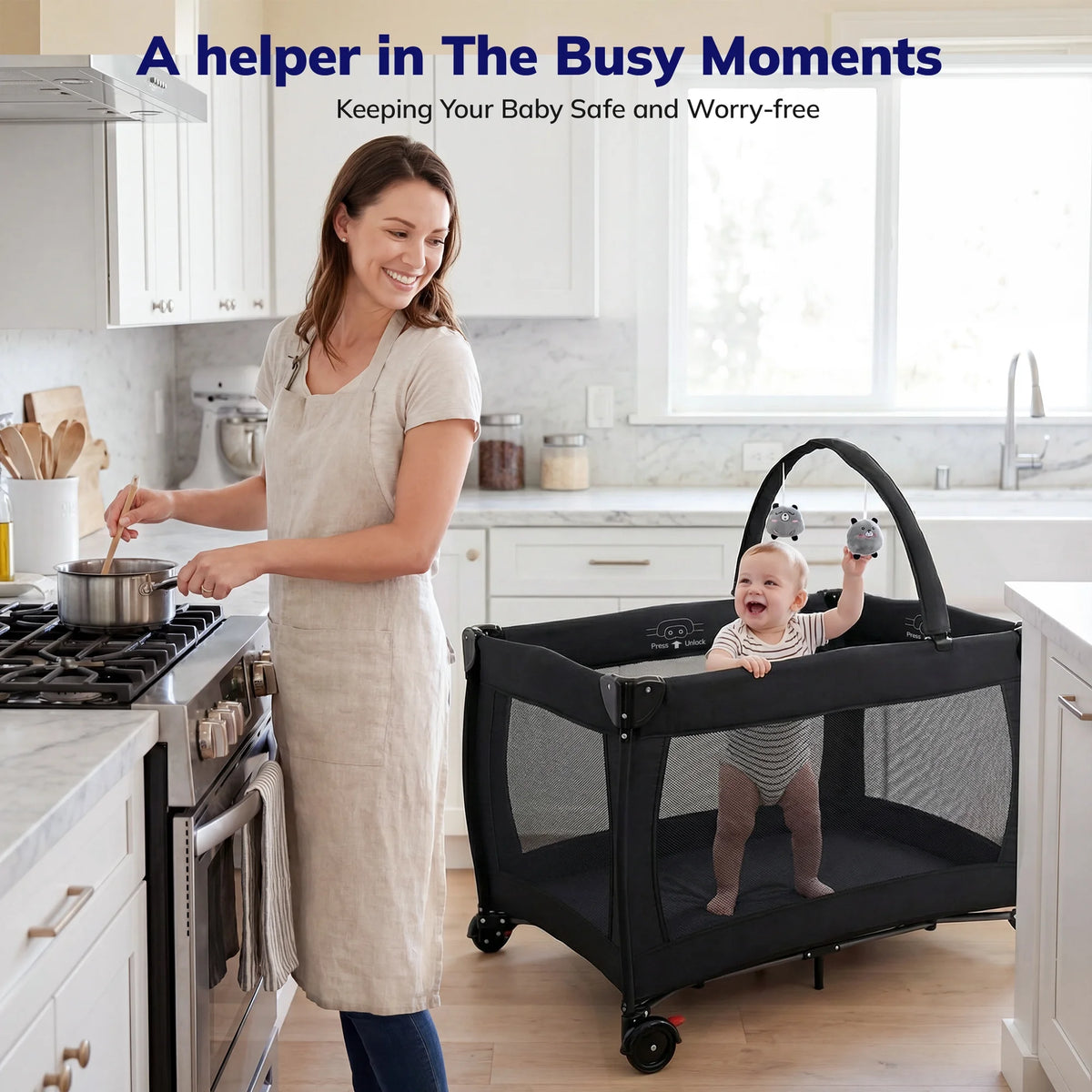 Baby Playard with Detachable Infant Bassinet and Changing Table, Foldable Travel Play Yard with Storage Basket and Wheels,Black