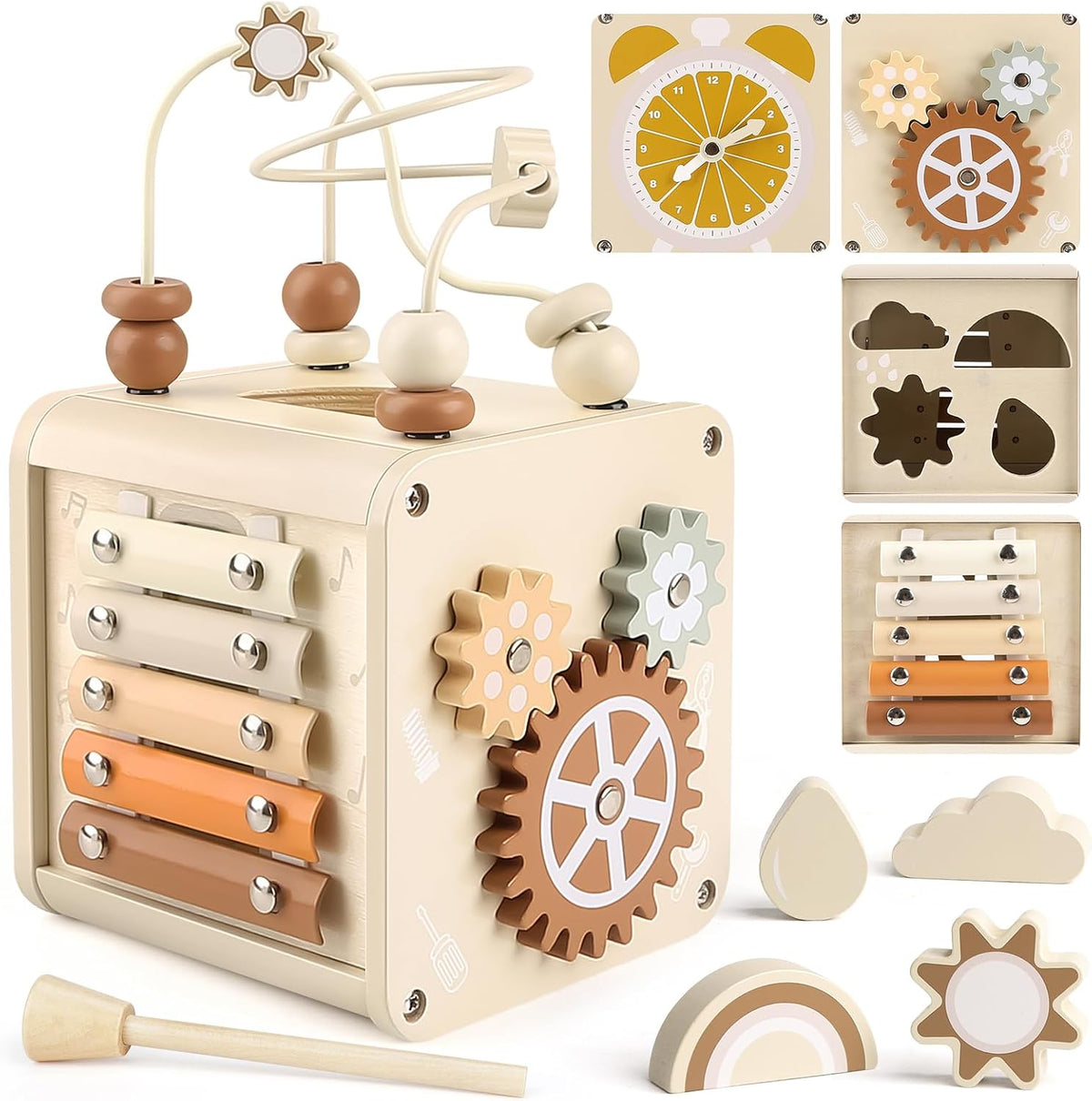 Montessori Toys for 1 Year Old, Activity Cube for for Toddler 1-3 | 5 in 1 Wooden Activity Cube - Bead Maze/Xylophone/Clock/Shape Sorter/Spinning Gears, Fully Assembled, 1St Christmas Birthday