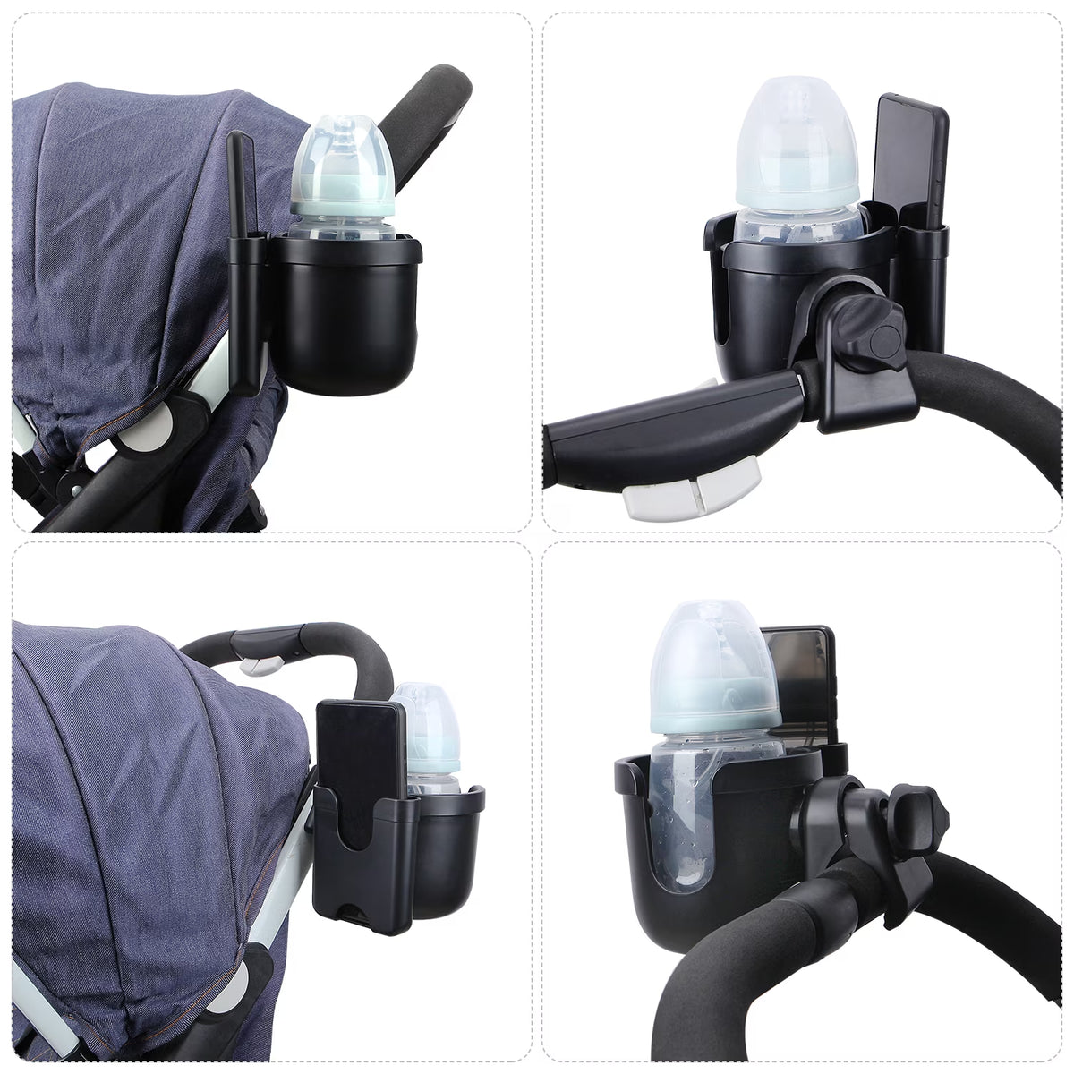 2-In-1 Wheelchair Cup Holder with Phone Rack for Baby Stroller of 1 Car Seat,Black