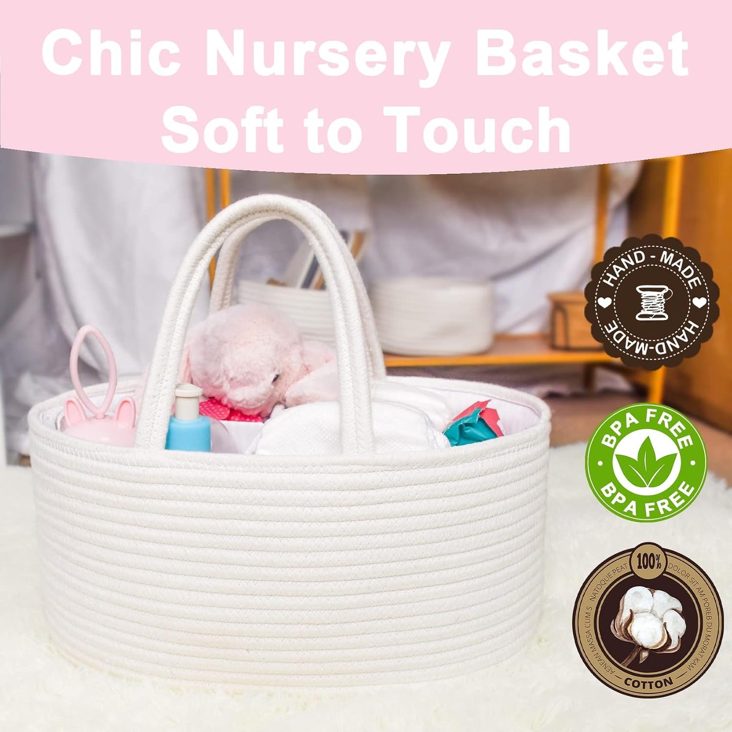 Baby Diaper Caddy, Nursery Storage Bin and Car Organizer for Diapers Wipes, Cotton Rope Basket Changing Table Caddy
