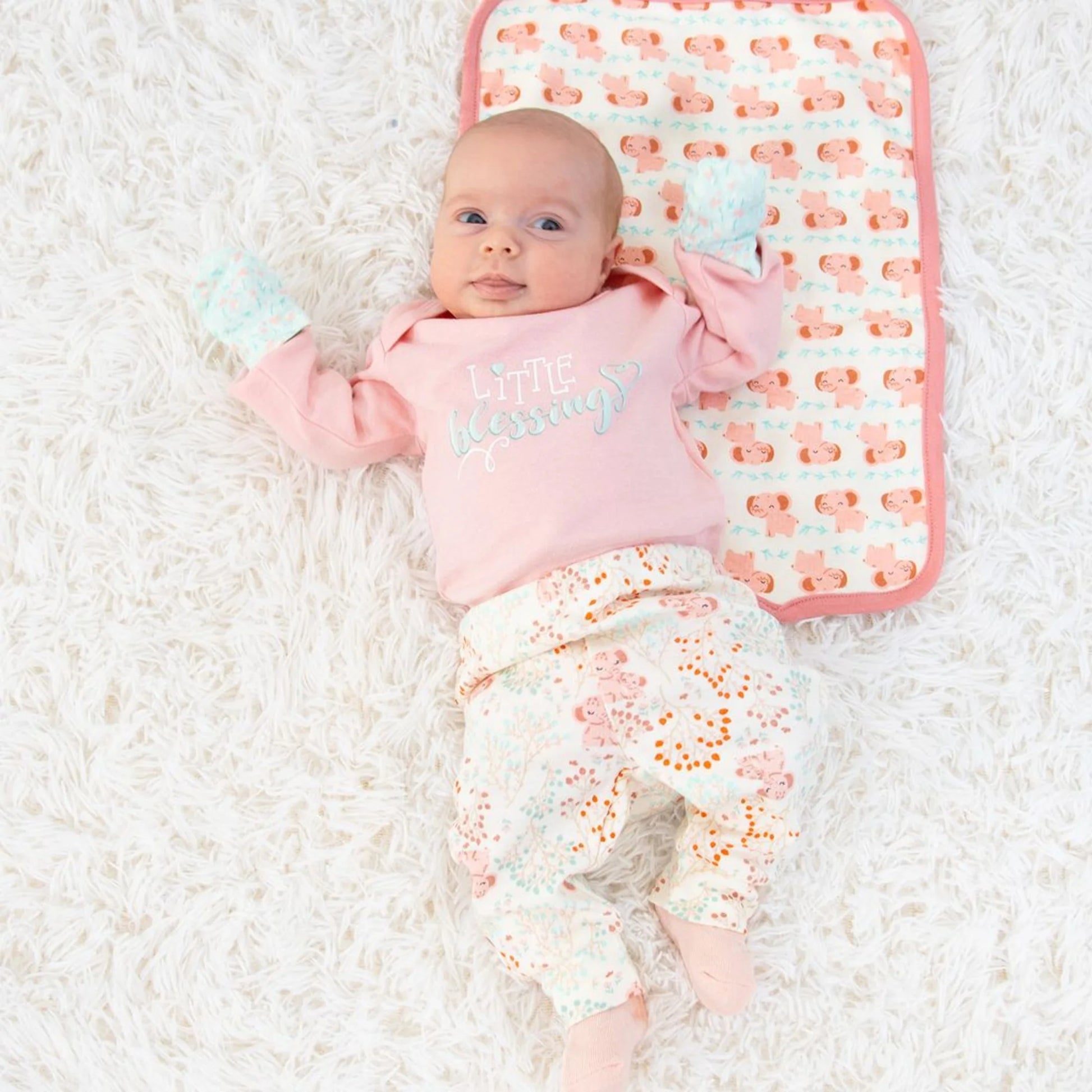 Baby Girl Pink Floral Elephant Cotton Layette Gift Set, Baby Clothes Essentials, 30-Piece