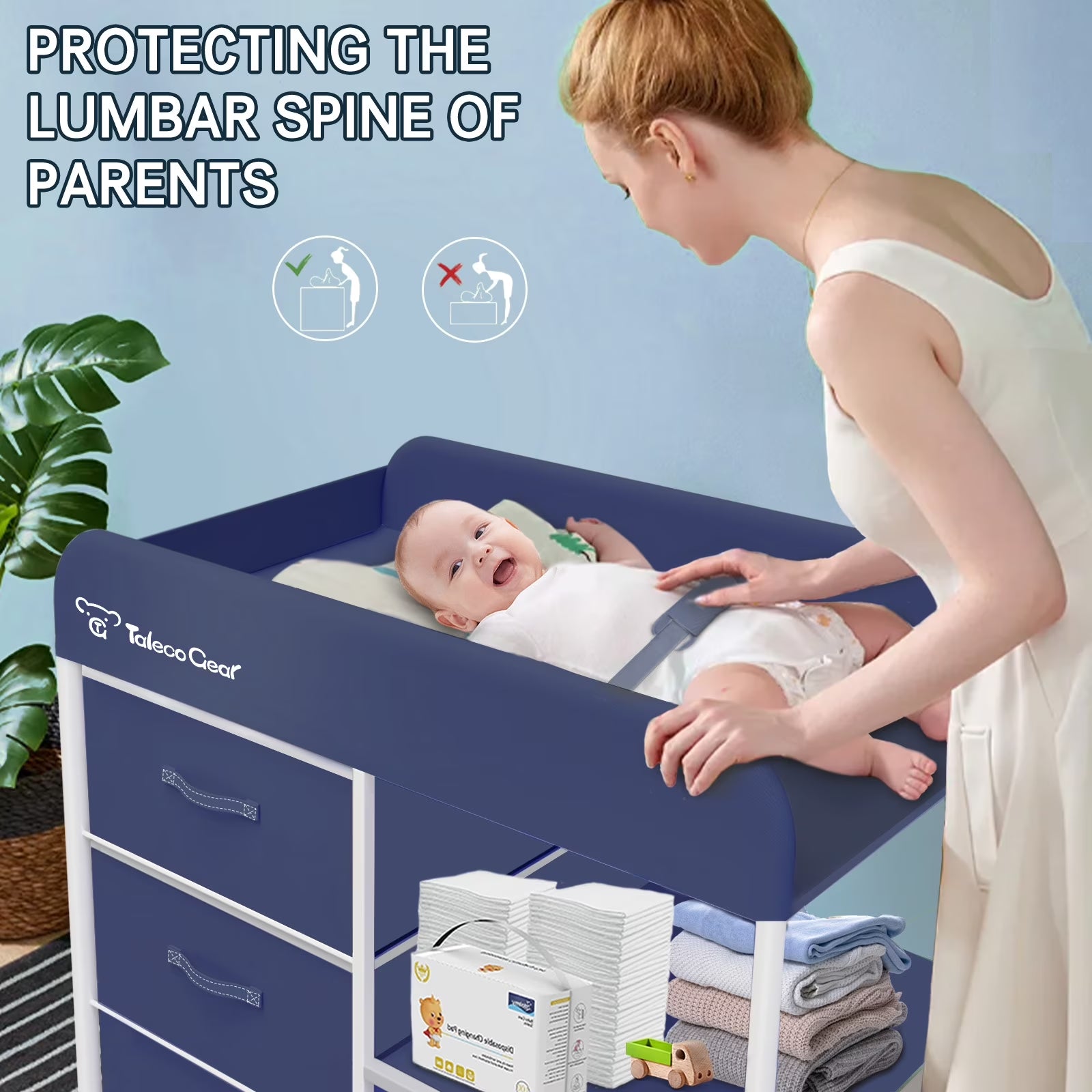 Baby Changing Table, Portable Diaper Changing Station with Wheels, Nursery Organizer for Newborn and Infant, Blue