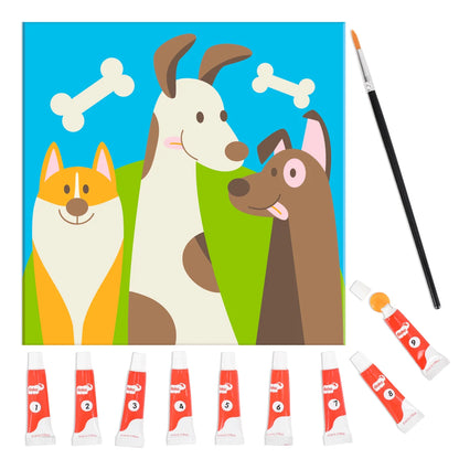 Pinta por Número Tres Perros 21x21 Kit de Pintura con 7 Tubos de Tinta y Pincel para Arte DIY