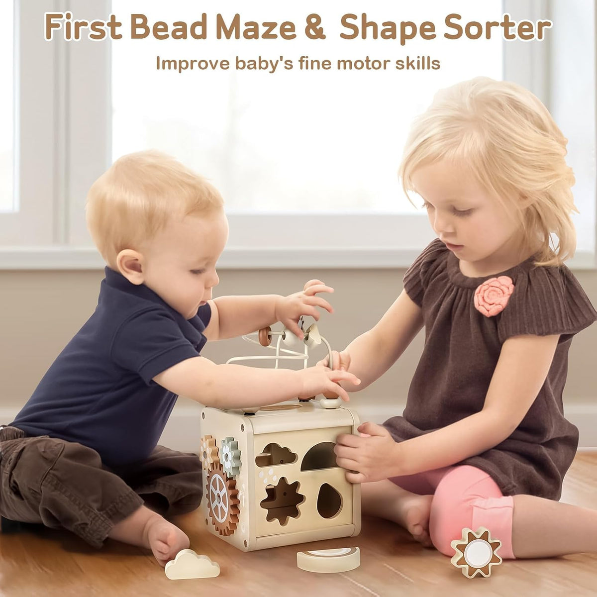 Montessori Toys for 1 Year Old, Activity Cube for for Toddler 1-3 | 5 in 1 Wooden Activity Cube - Bead Maze/Xylophone/Clock/Shape Sorter/Spinning Gears, Fully Assembled, 1St Christmas Birthday