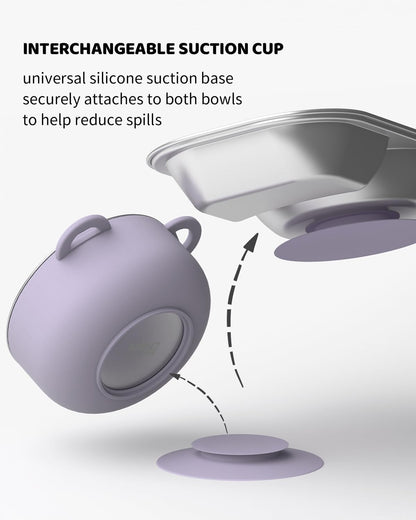 Stainless Steel Baby Feeding Set with Detachable Suction Base, Toddler Plates, Bowl, Cup & Kids Utensils, Grow-With-Baby Feeding Essentials for Self Feeding, Toddler Dinnerware Snack, Lilac