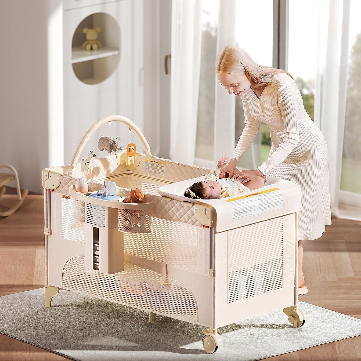 Baby Bassinet,Pack and Play,Bedside Crib Sleeper,Diaper Changer | One-Step Fold, Large Size Pack N Play, Comes with Mattress, Mosquito Net, Side Storage and Toy Bar, for Newborn to Toddler