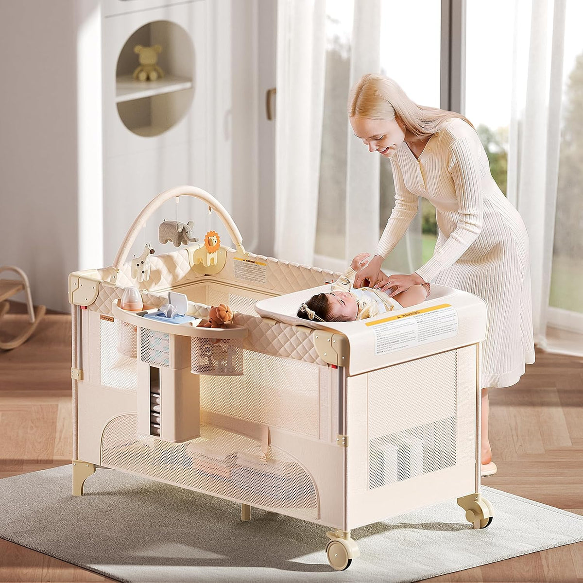 Baby Bassinet,Pack and Play,Bedside Crib Sleeper,Diaper Changer | One-Step Fold, Large Size Pack N Play, Comes with Mattress, Mosquito Net, Side Storage and Toy Bar, for Newborn to Toddler