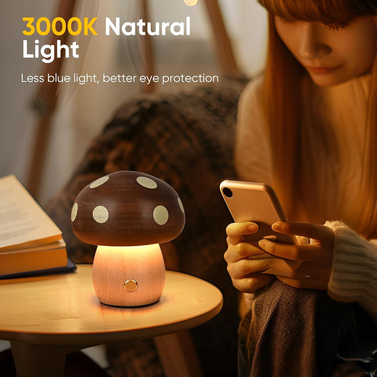 2Pack Wood Small Mushroom Table Lamp, LED Rechargeable Cordless Touch Bedside Lamps, Wireless Stepless Dimming Night Light, Portable Battery Lamp for Bedroom Nightstand for Birthday Gifts
