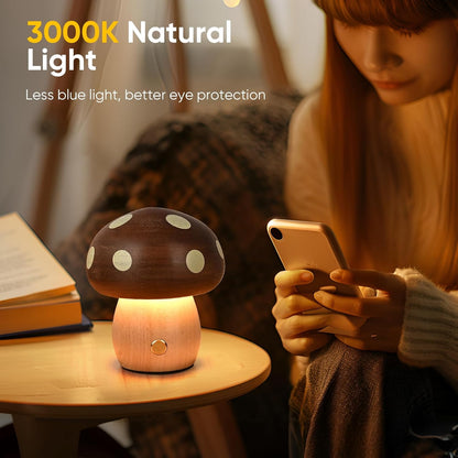 2Pack Wood Small Mushroom Table Lamp, LED Rechargeable Cordless Touch Bedside Lamps, Wireless Stepless Dimming Night Light, Portable Battery Lamp for Bedroom Nightstand for Birthday Gifts