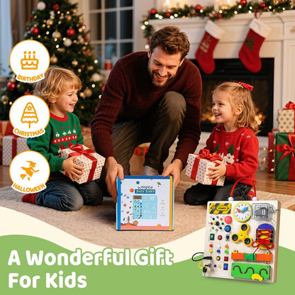 Busy Board Montessori Toys for 1 2 3 Years Old Toddler,Wooden Sensory Educational Fidget Board Toy with Led Light up Switches & Music Boxes,Travel Toys for 1+ Year Old Boy & Girl Birthday Gift